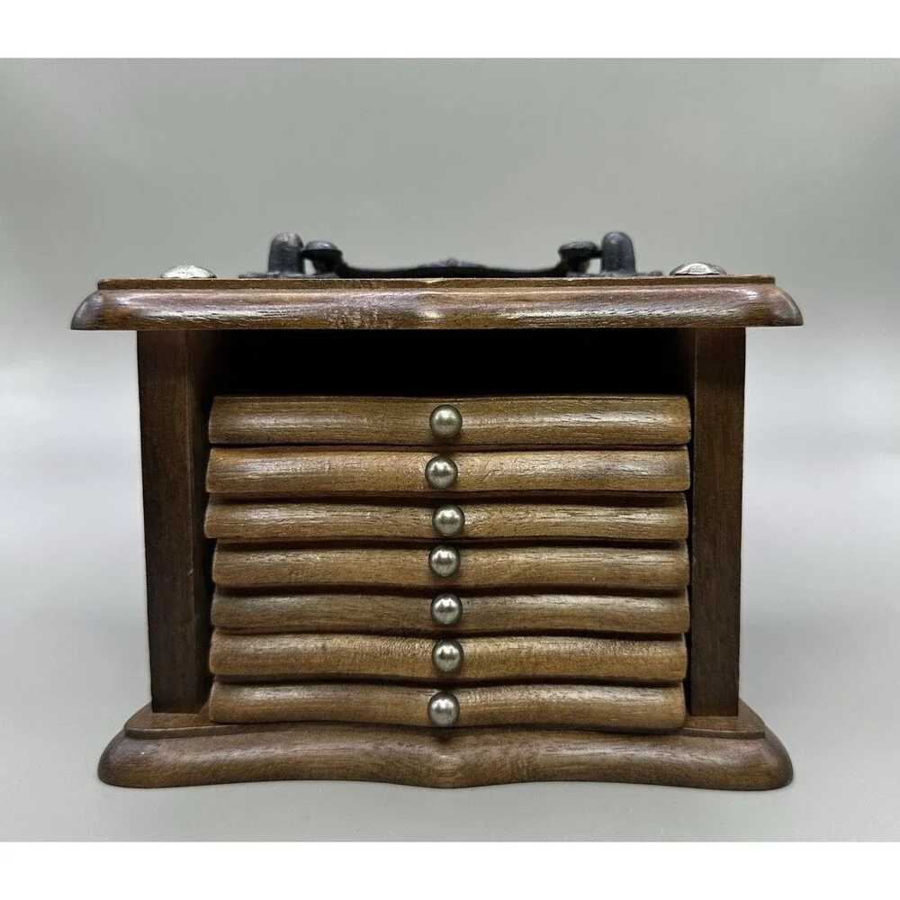 Vintage Wooden Coaster Set 7 pcs with Rack Folk Art Rustic Decor